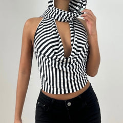 Striped hoodie cowl neck backless crop top