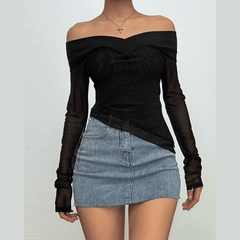 Long sleeve off shoulder mesh ruffle irregular top