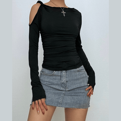 Irregular long sleeve hollow out ruched one shoulder cut out top-final-sale