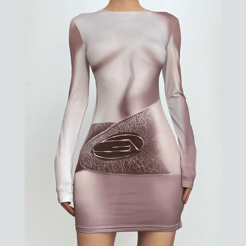 Long sleeve body print crewneck contrast mini dress-final-sale