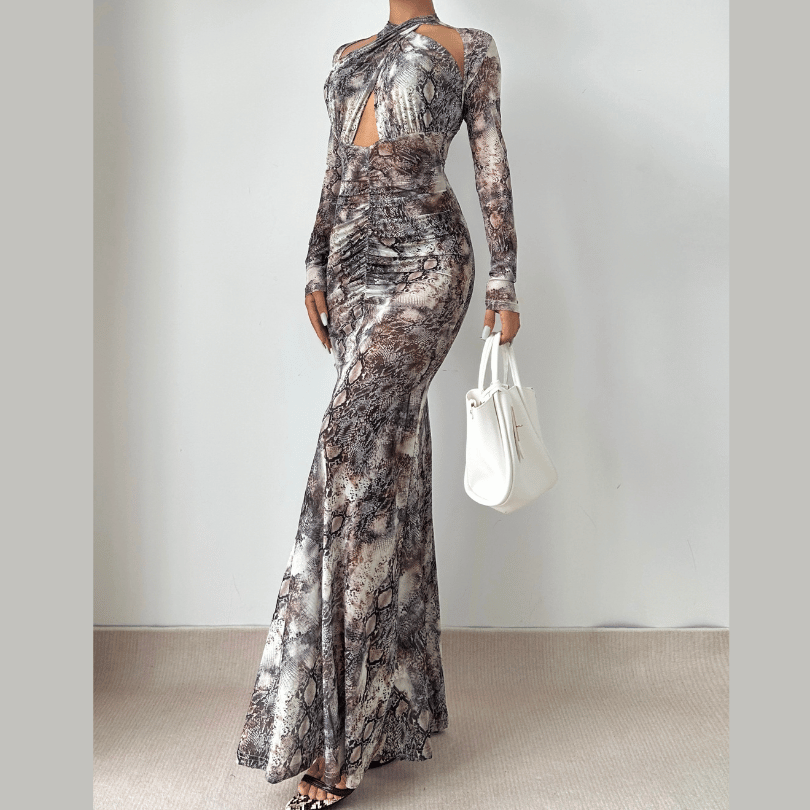 Long sleeve hollow out snakeskin print cut out maxi dress