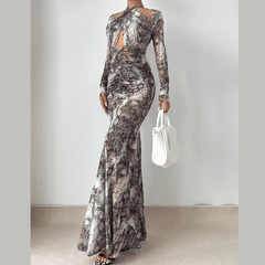 Long sleeve hollow out snakeskin print cut out maxi dress