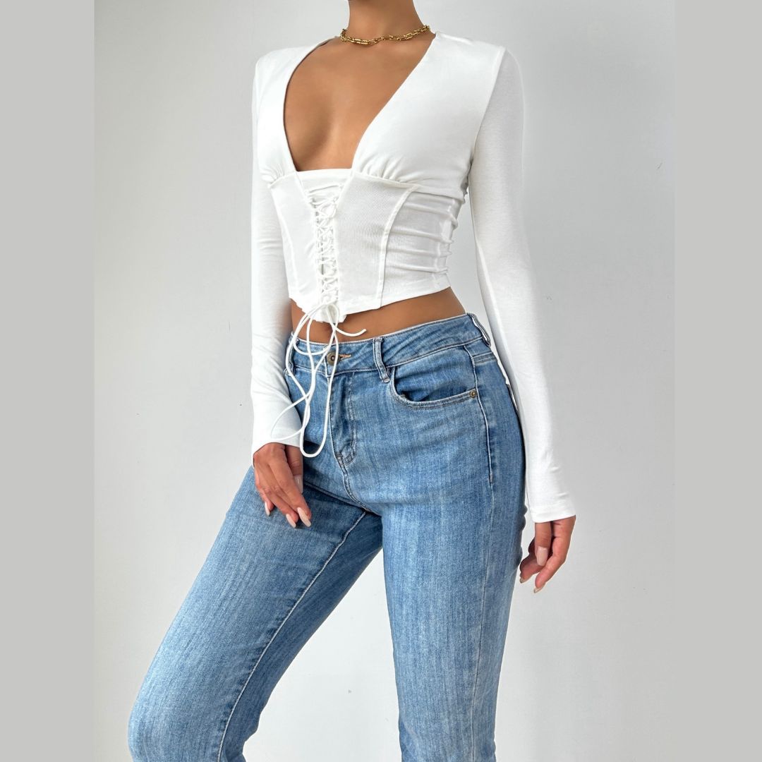 Lace up corset long sleeve solid top