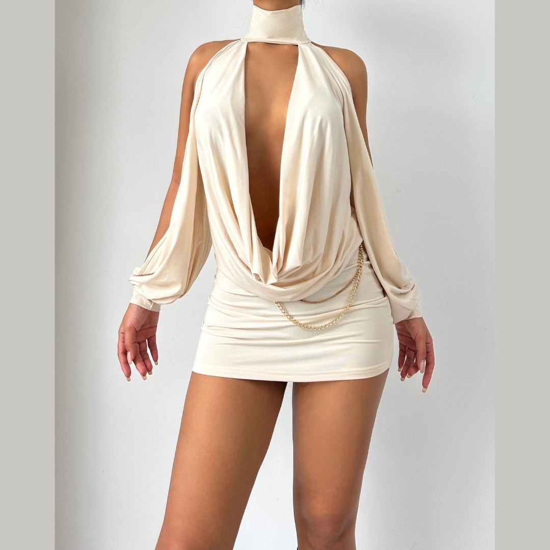 High neck hollow out solid cut out mini dress