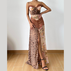 Zip-up slit button lace chiffon cami maxi dress