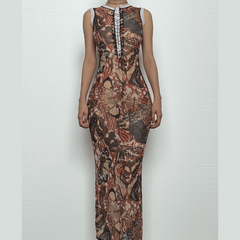 Sleeveless crewneck lace up print sheer mesh maxi dress