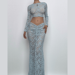 Long sleeve lace see through crop maxi skirt set