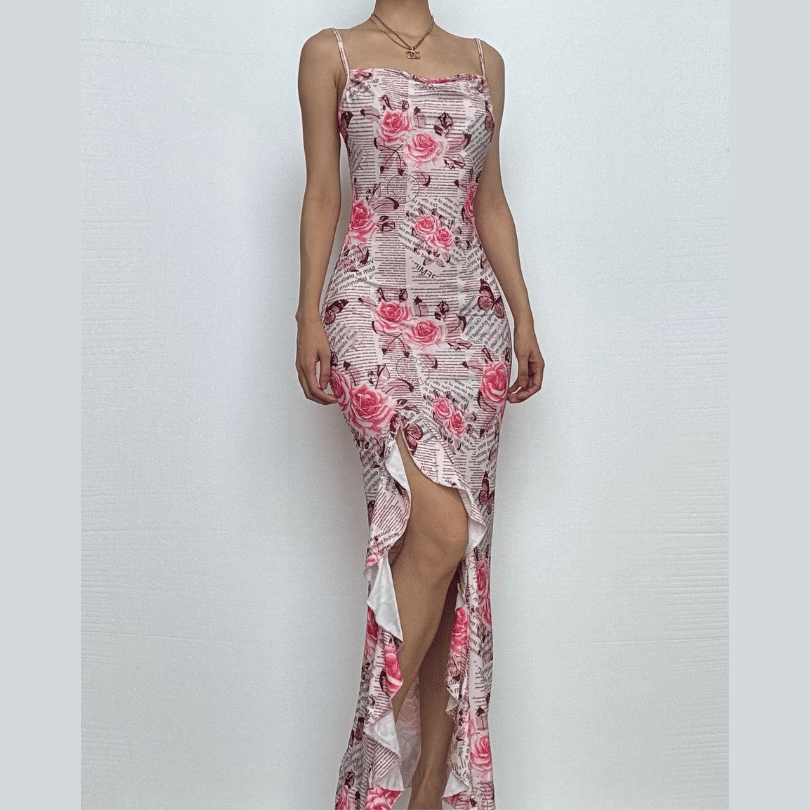 Cowl neck ruffle slit butterfly print cami maxi dress-final-sale