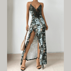 Halter self tie ruffle print v neck maxi dress