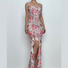 Cowl neck ruffle slit butterfly print cami maxi dress