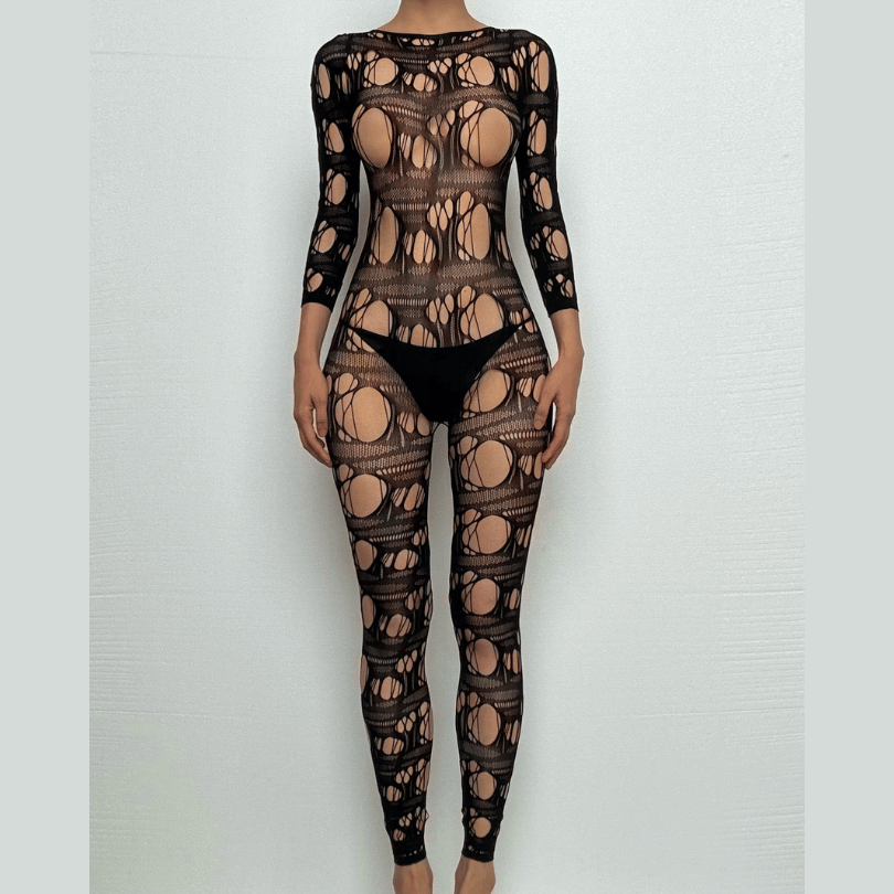 Long sleeve net hollow out padded bodystocking