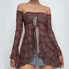 Long flared sleeve sheer mesh print off shoulder top