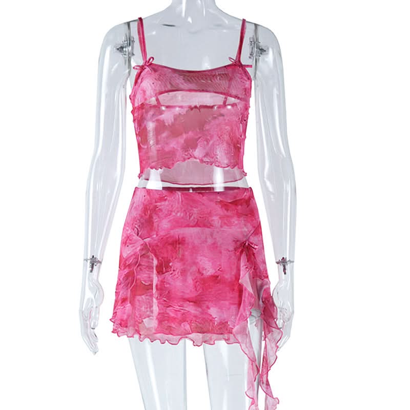 U neck bowknot ruffle mesh cami mini skirt set