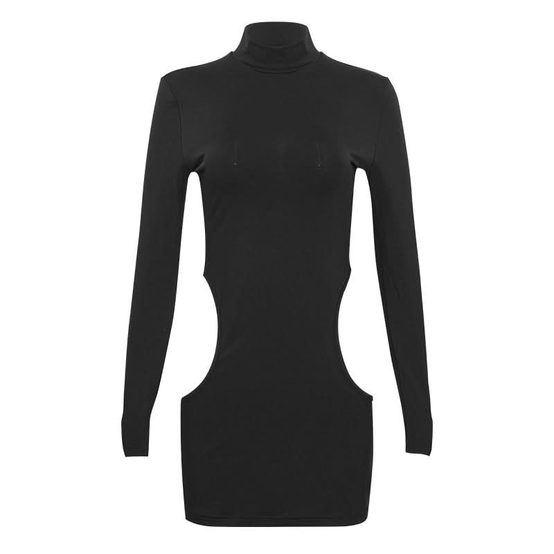 Long sleeve high neck hollow out cut out mini dress