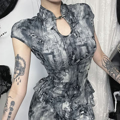 Cap sleeve butterfly print button top