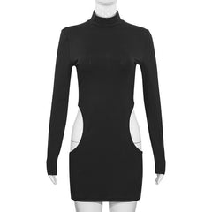 Long sleeve high neck hollow out cut out mini dress