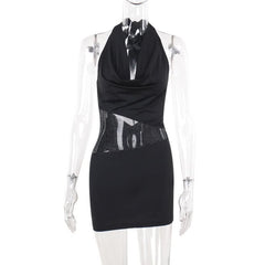 Halter cowl neck fishnet patchwork ruched maxi dress