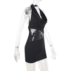 Halter cowl neck fishnet patchwork ruched maxi dress