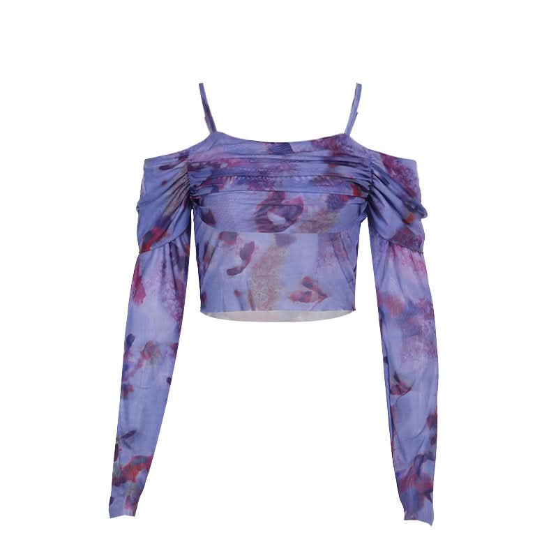 Off shoulder long sleeve mesh print top