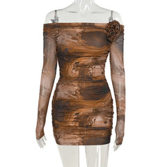 Off shoulder long sleeve flower applique ruched mini dress