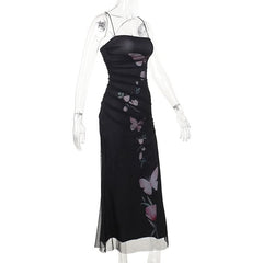 Mesh butterfly print cross back cami maxi dress