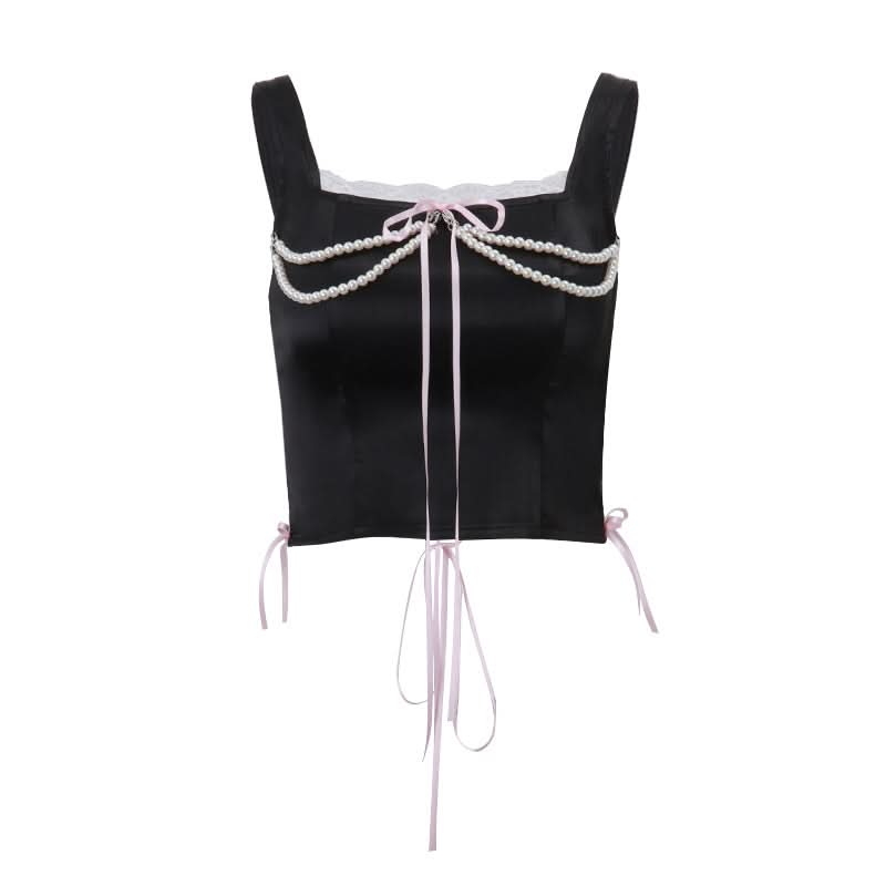 Beaded lace hem bowknot lace up top