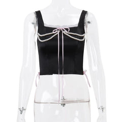 Beaded lace hem bowknot lace up top