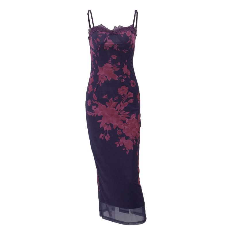 Flower print mesh self tie slit cami maxi dress