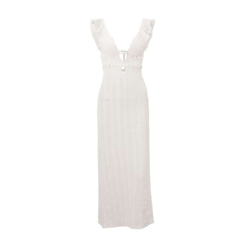 V neck hollow out self tie ruffle cut out maxi dress