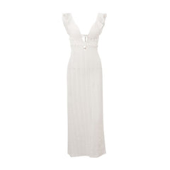 V neck hollow out self tie ruffle cut out maxi dress