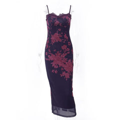 Flower print mesh self tie slit cami maxi dress