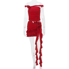 Off shoulder flower applique ruffle mini skirt set