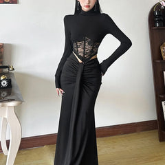 High neck long sleeve lace top