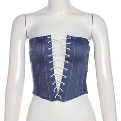 Lace up denim lace hem tube top