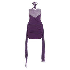 Halter sweetheart pattern fluffy ruched mini dress