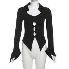 Turnover collar long flared sleeve hollow out cut out top