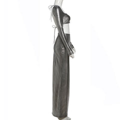 Long sleeve square neck self tie plaid maxi skirt set