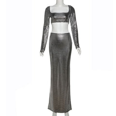 Long sleeve square neck self tie plaid maxi skirt set