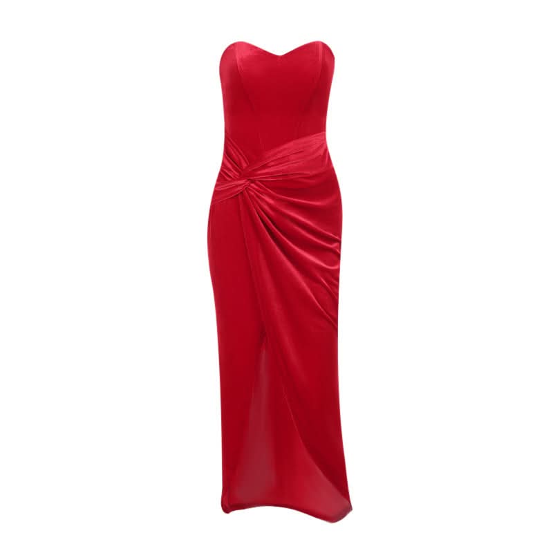 Sweetheart neck velvet slit bustier tube maxi dress