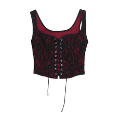 U neck lace up lace tank top