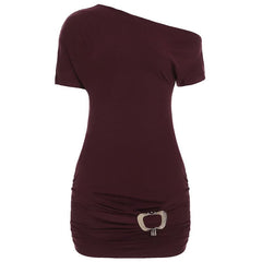 One shoulder ruched short sleeve metal applique mini dress