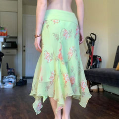 Mesh flower print irregular maxi skirt