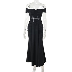 Off shoulder mesh patchwork ruched maxi dress