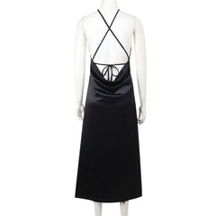 Cross back satin self tie slit maxi dress