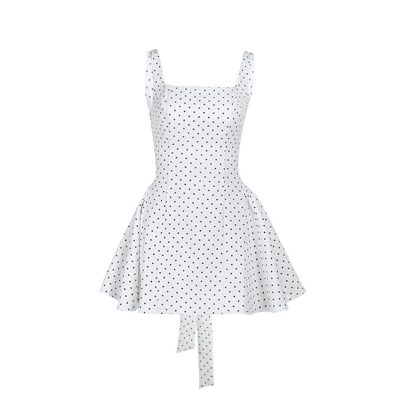 Square neck polka dot bowknot tank mini dress