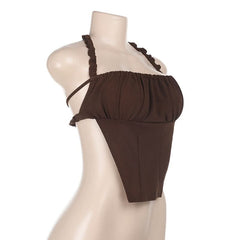 Halter ruched backless self tie top