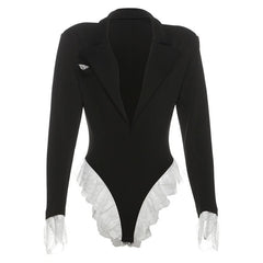 Turnover collar long sleeve lace hem bodysuit