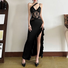 V neck lace hem ruffle cami maxi dress