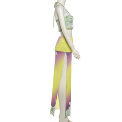 Halter flower print smocked mesh maxi skirt set