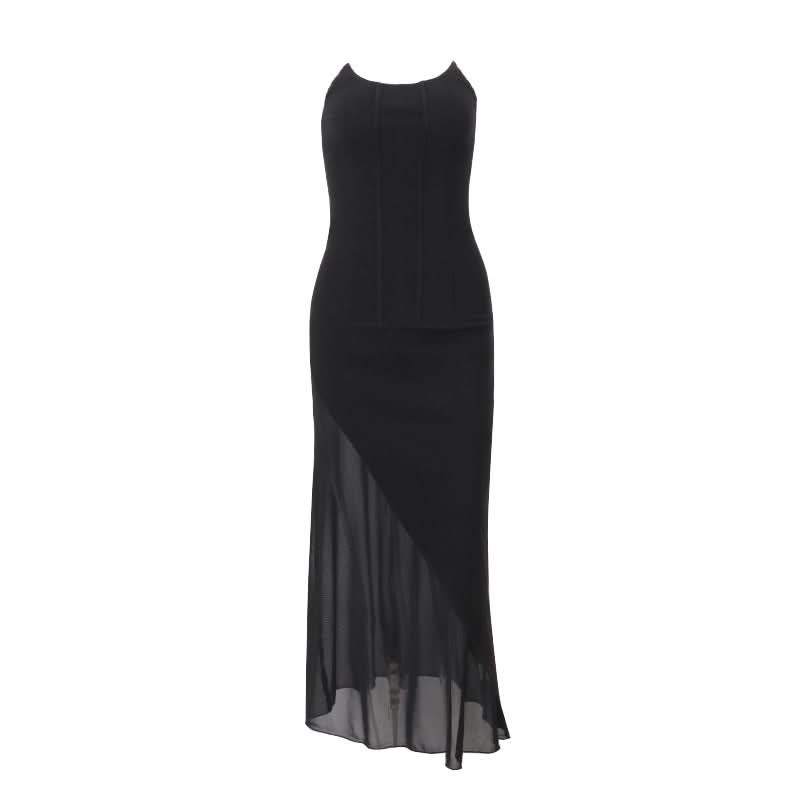 U neck mesh patchwork lace up maxi dress